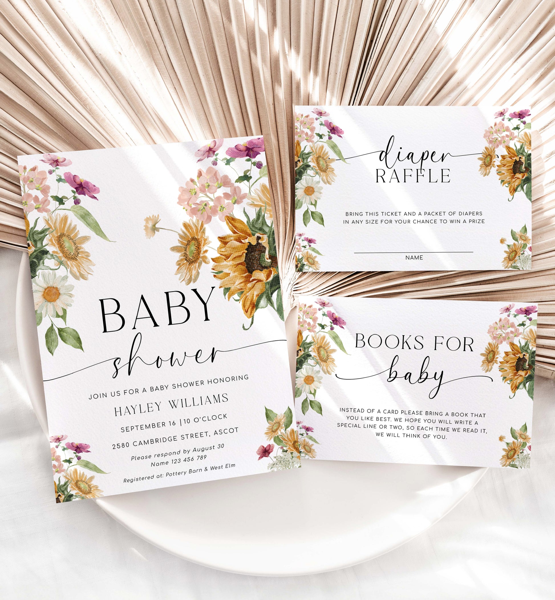 Printable Sunflower Fall Baby Shower Invitation, Book Request, Raffle Ticket, Autumn Floral Gender Neutral Baby Shower Invite, Mews Floral