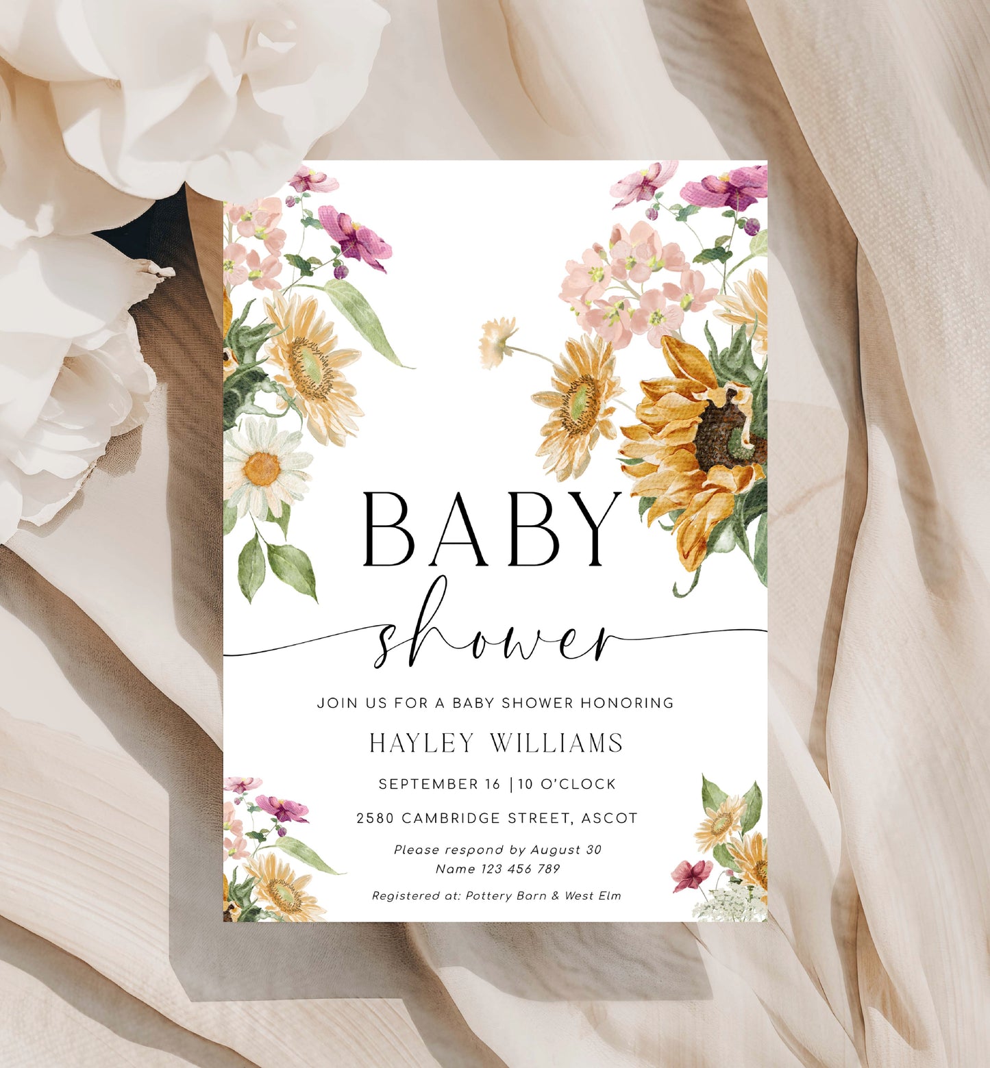 Printable Sunflower Fall Baby Shower Invitation, Book Request, Raffle Ticket, Autumn Floral Gender Neutral Baby Shower Invite, Mews Floral