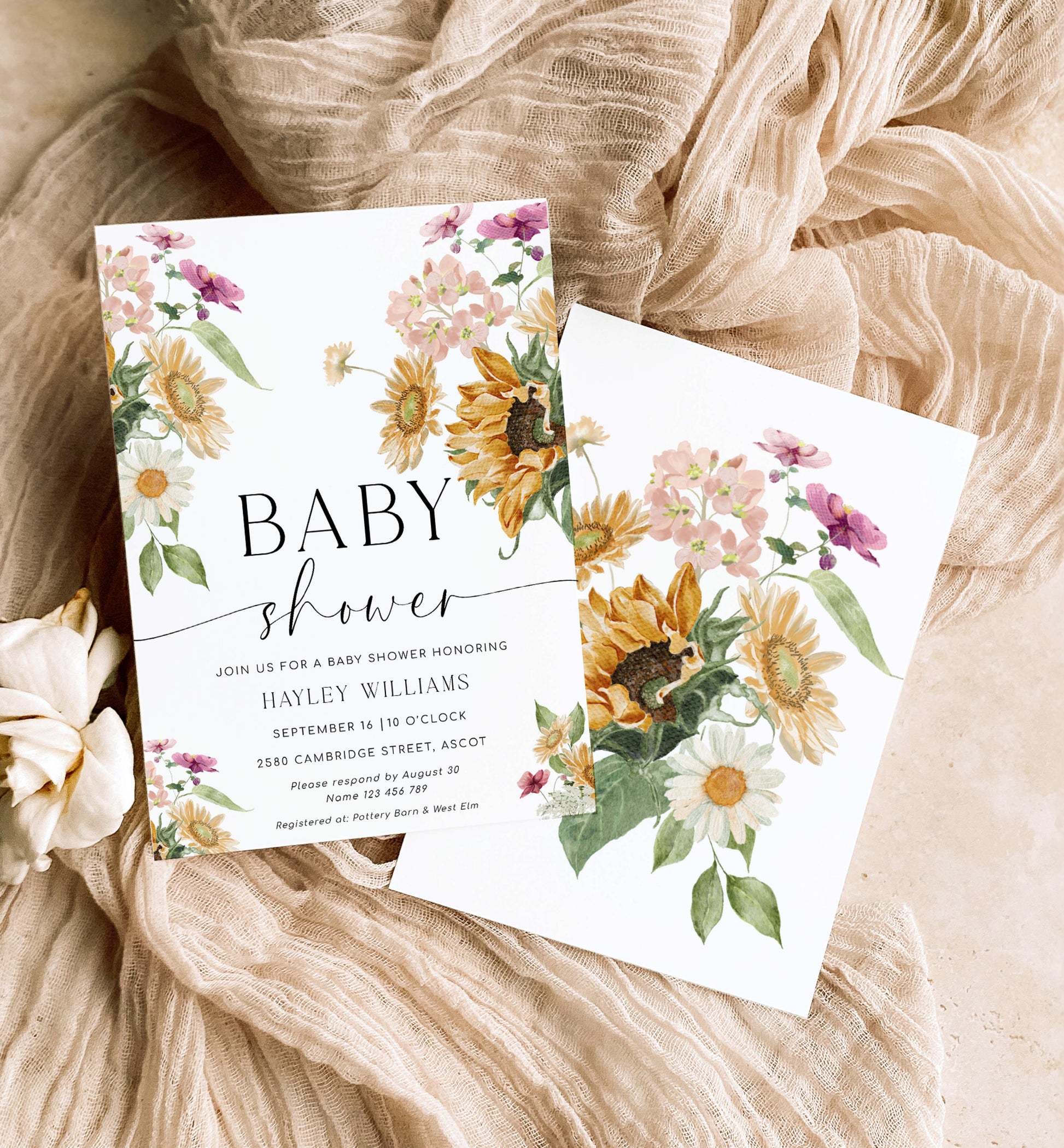 Printable Sunflower Fall Baby Shower Invitation, Book Request, Raffle Ticket, Autumn Floral Gender Neutral Baby Shower Invite, Mews Floral