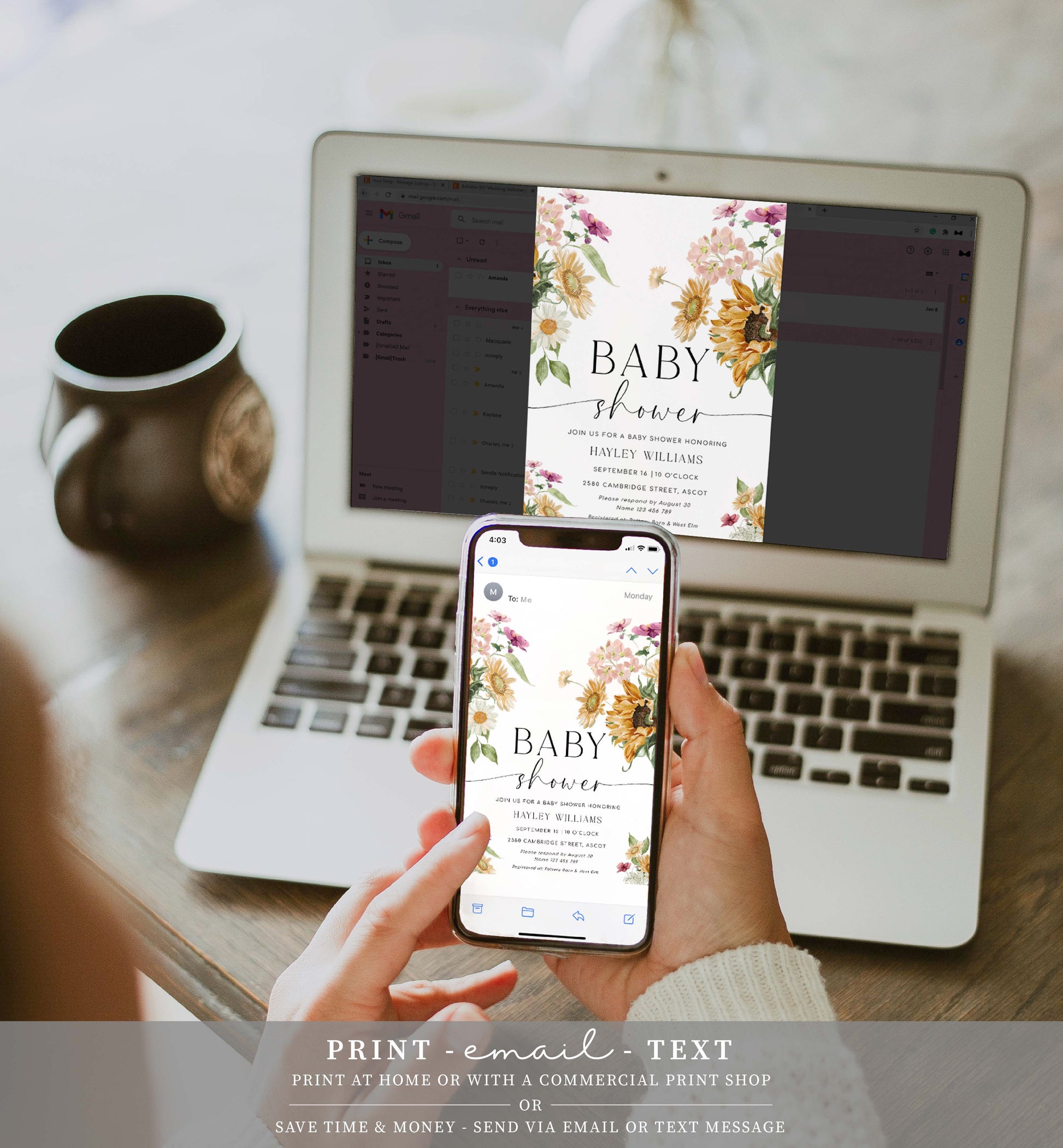 Printable Sunflower Fall Baby Shower Invitation, Book Request, Raffle Ticket, Autumn Floral Gender Neutral Baby Shower Invite, Mews Floral