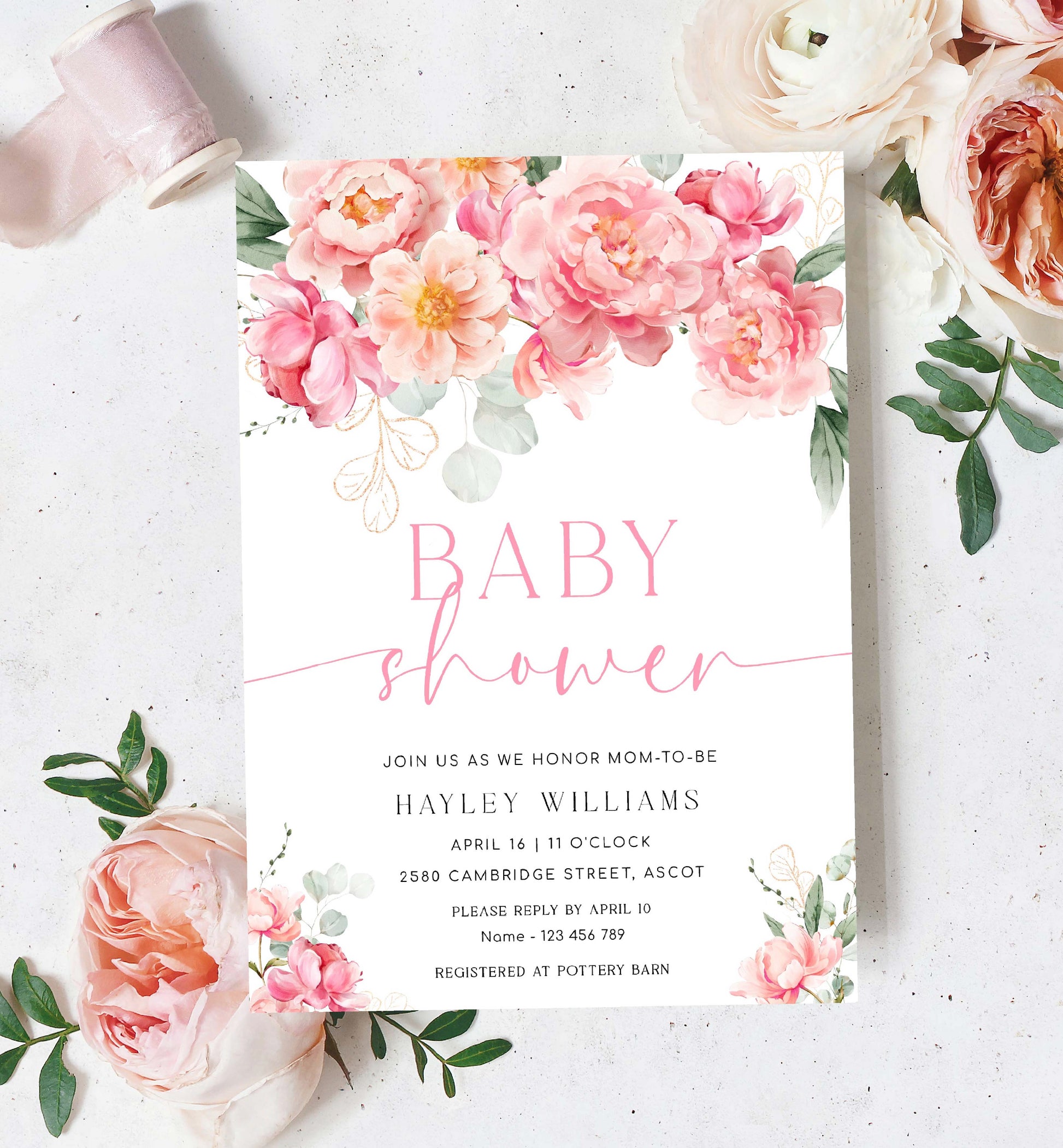 Printable Baby Shower Invitation, Book Request, Raffle Ticket, Details Card, Hot Pink Peony, Spring Floral Girl Baby Shower Evite, Piper