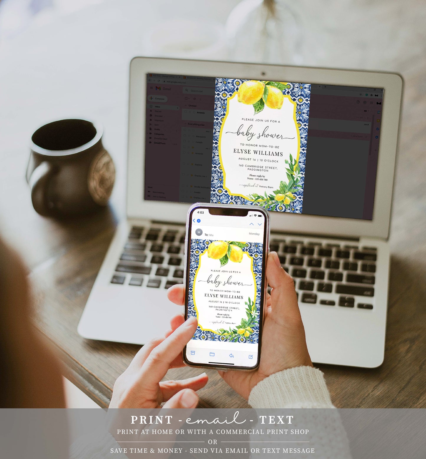 Printable Baby Shower Invitation, Book Request, Raffle Ticket, Positano Blue Tile Lemons, Italian Almalfi Coast, Boy Baby Shower Evite