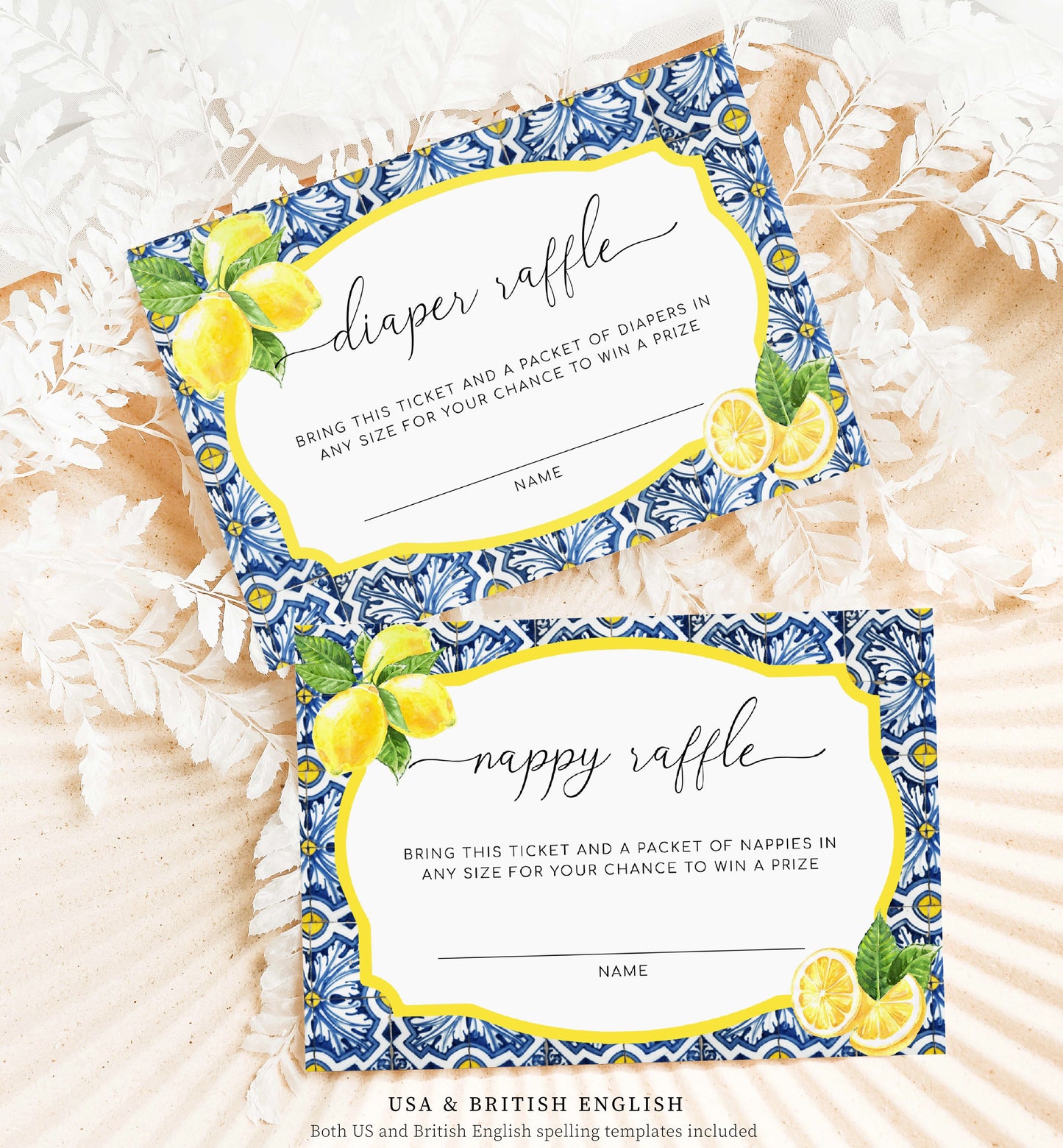 Printable Baby Shower Invitation, Book Request, Raffle Ticket, Positano Blue Tile Lemons, Italian Almalfi Coast, Boy Baby Shower Evite
