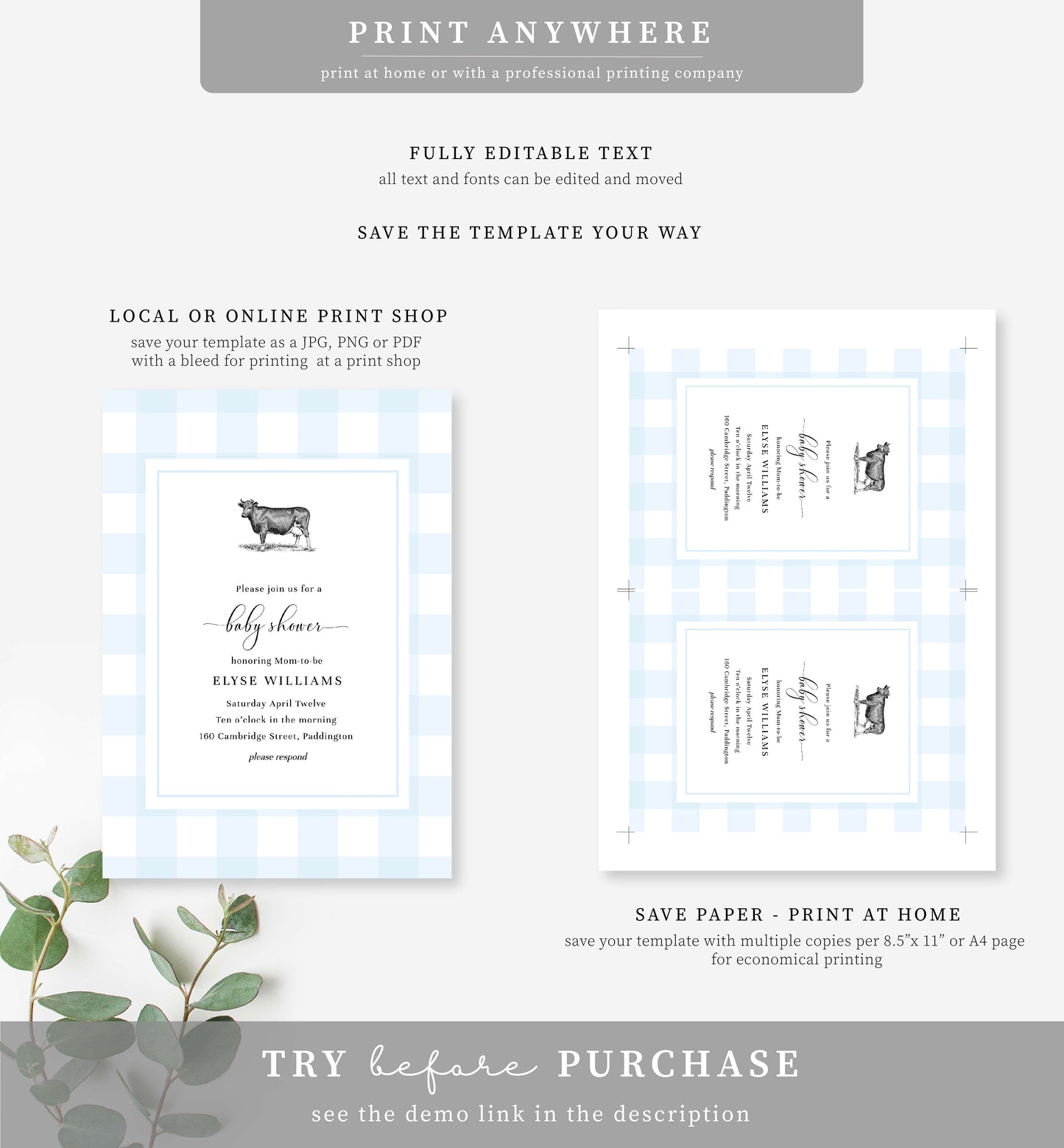 Gingham Blue Cow | Printable Baby Shower Invitation Template