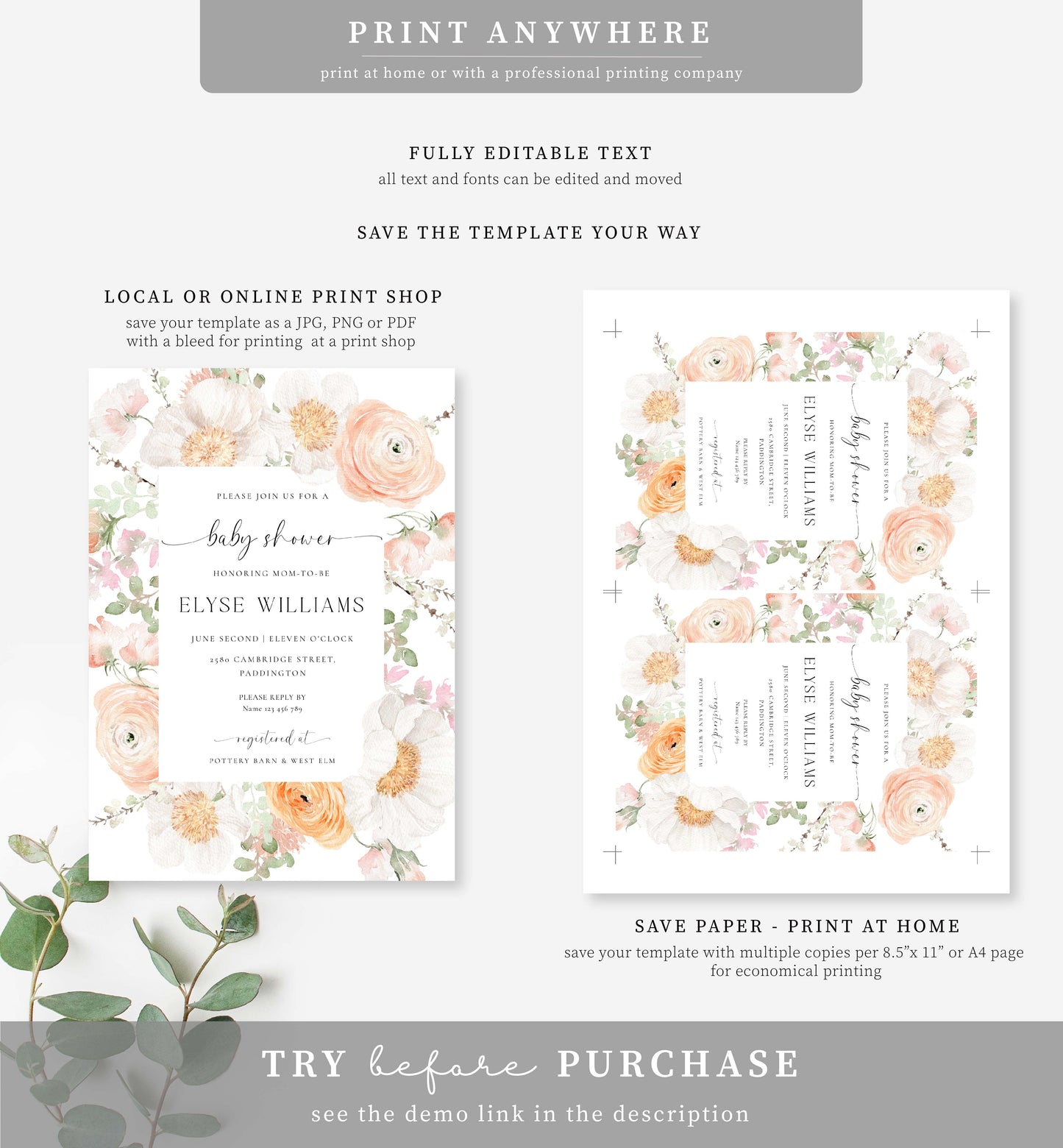 Millie Floral White | Printable Baby Shower Invitation Suite Template