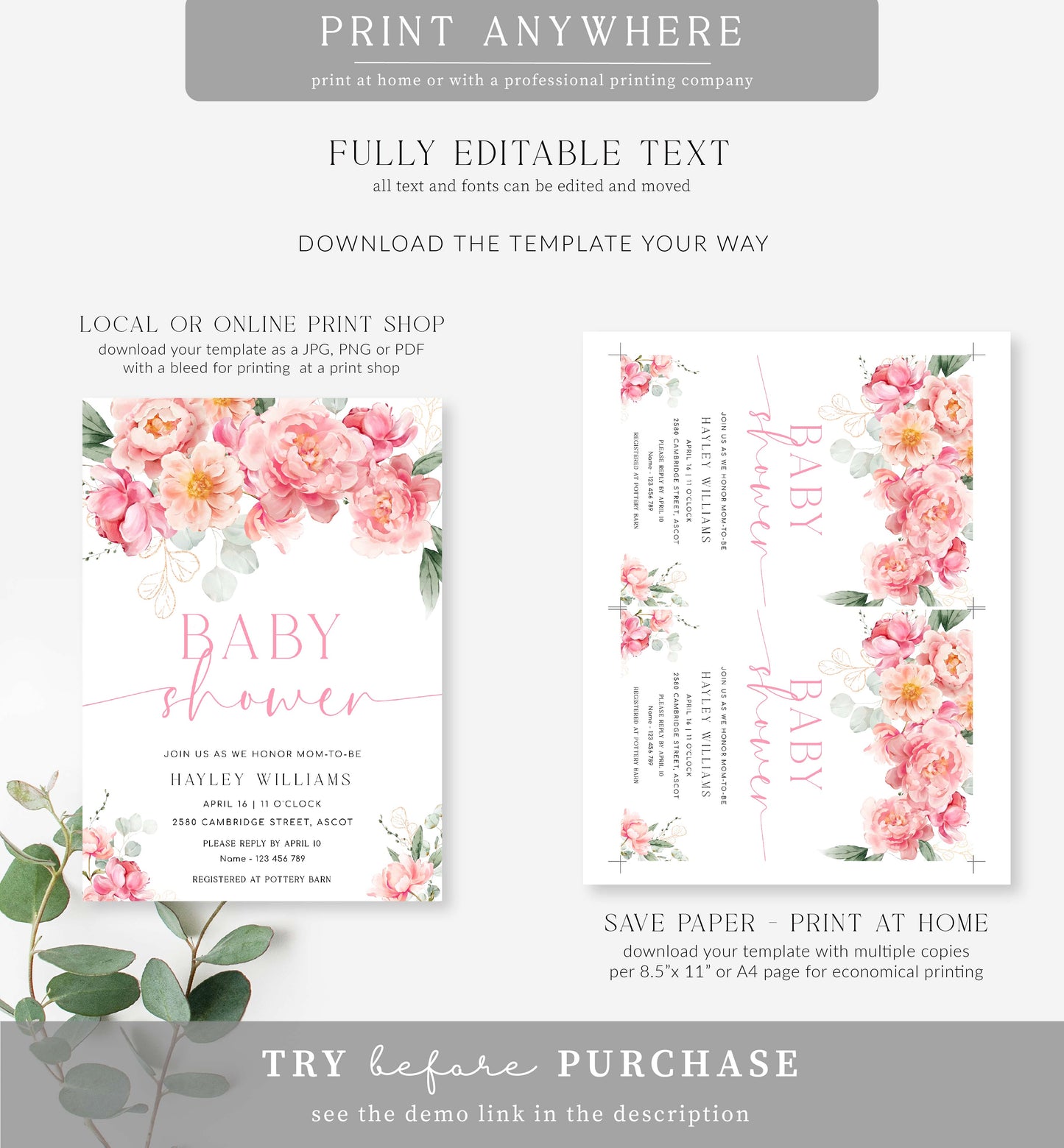 Piper Floral White | Printable Baby Shower Invitation Template