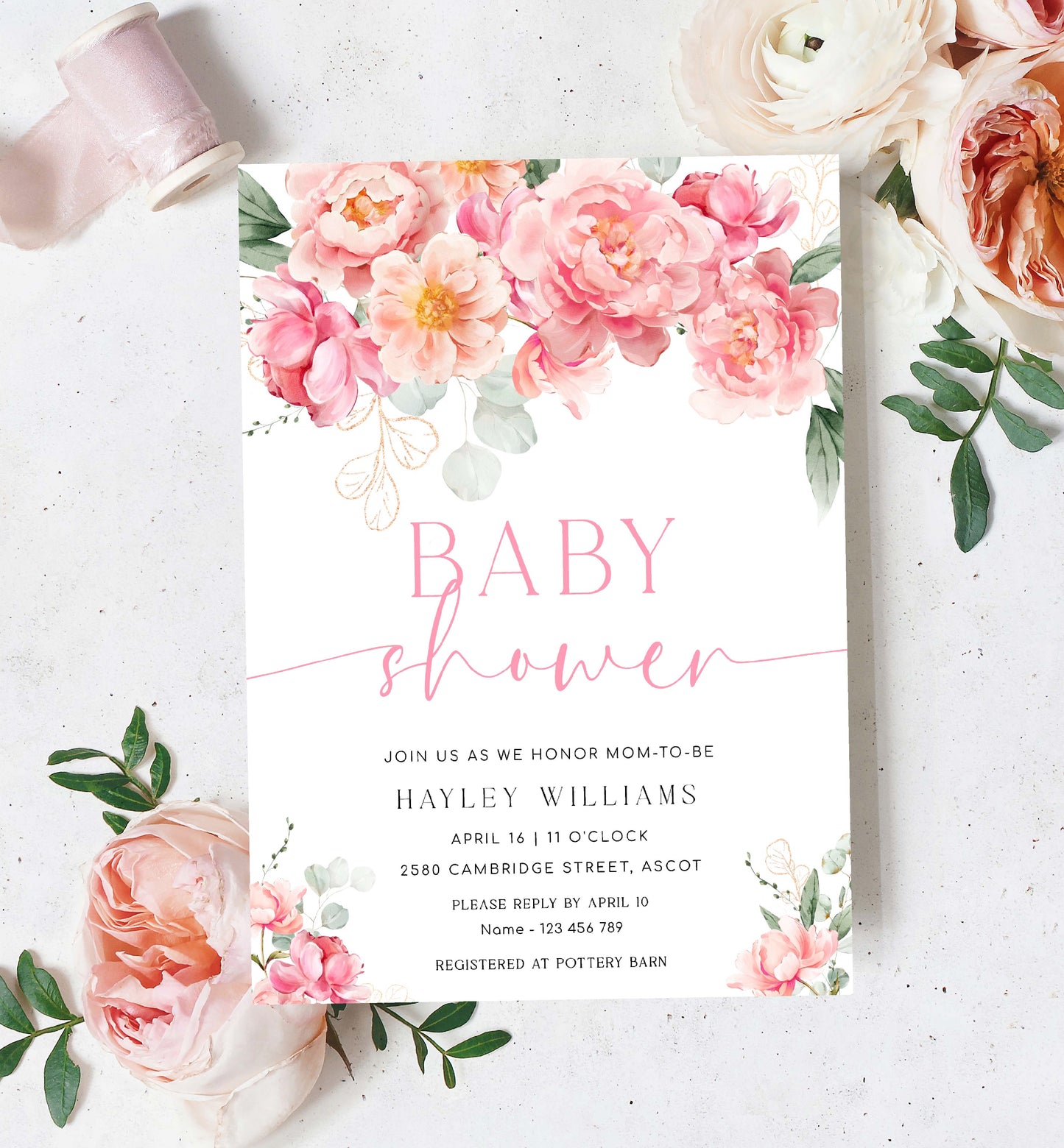 Printable Baby Shower Invitation Template, Editable Hot Pink Peony Baby Shower Invitation, Spring Floral Girl Baby Shower Evite, Piper
