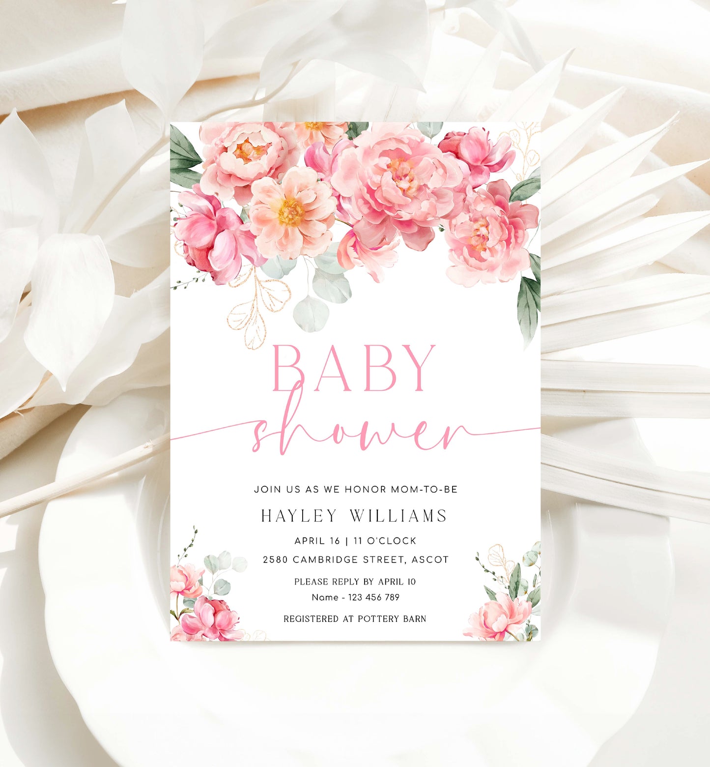 Printable Baby Shower Invitation Template, Editable Hot Pink Peony Baby Shower Invitation, Spring Floral Girl Baby Shower Evite, Piper