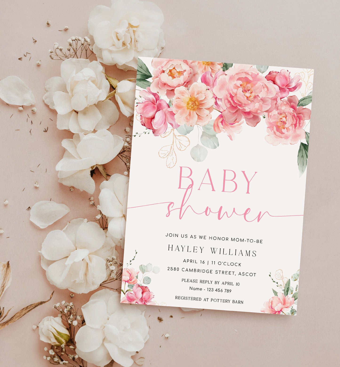 Printable Baby Shower Invitation Template, Editable Hot Pink Peony Baby Shower Invitation, Spring Floral Girl Baby Shower Evite, Piper