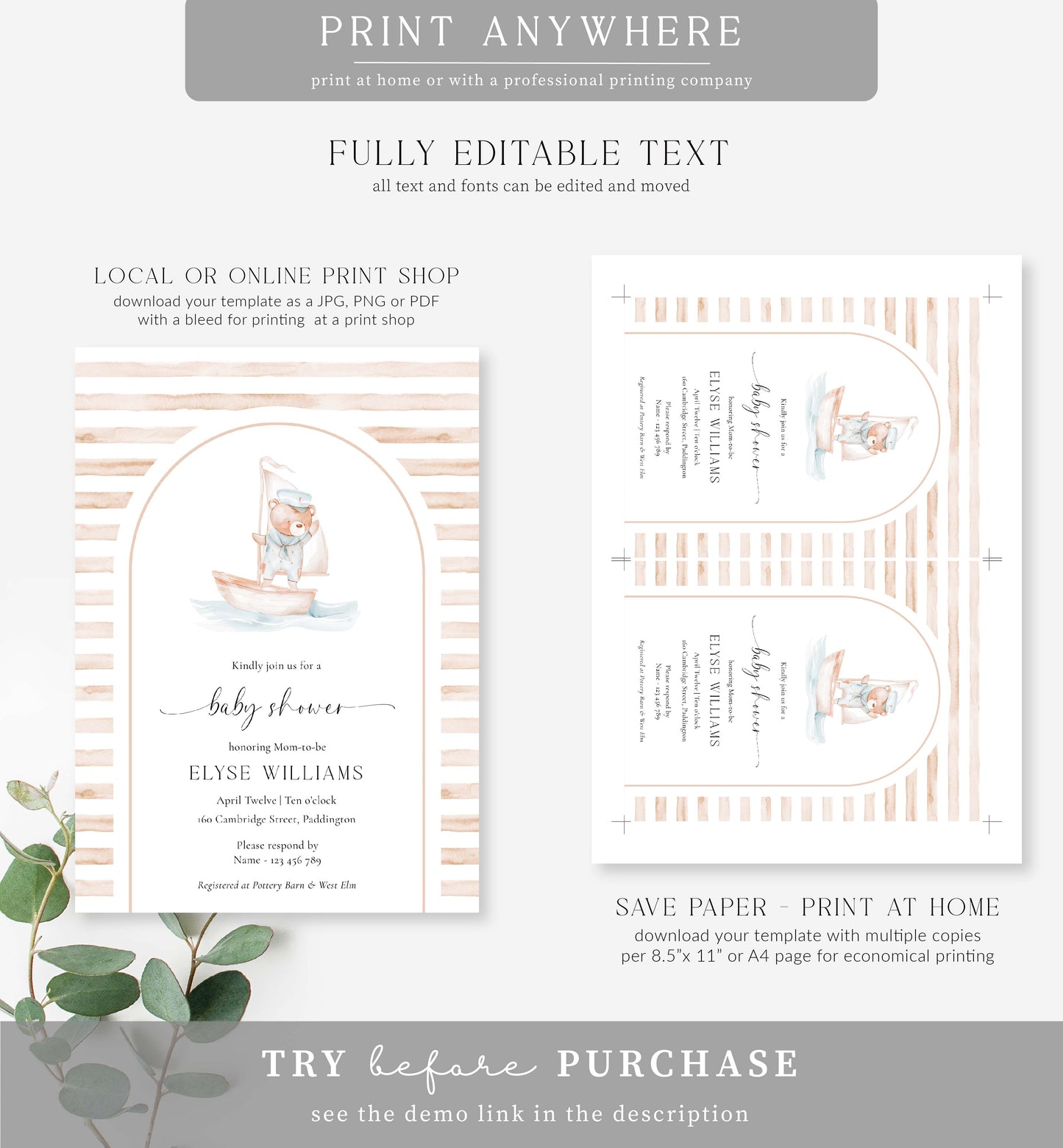 Sailor Bear Arch Tan | Printable Baby Shower Invitation Template