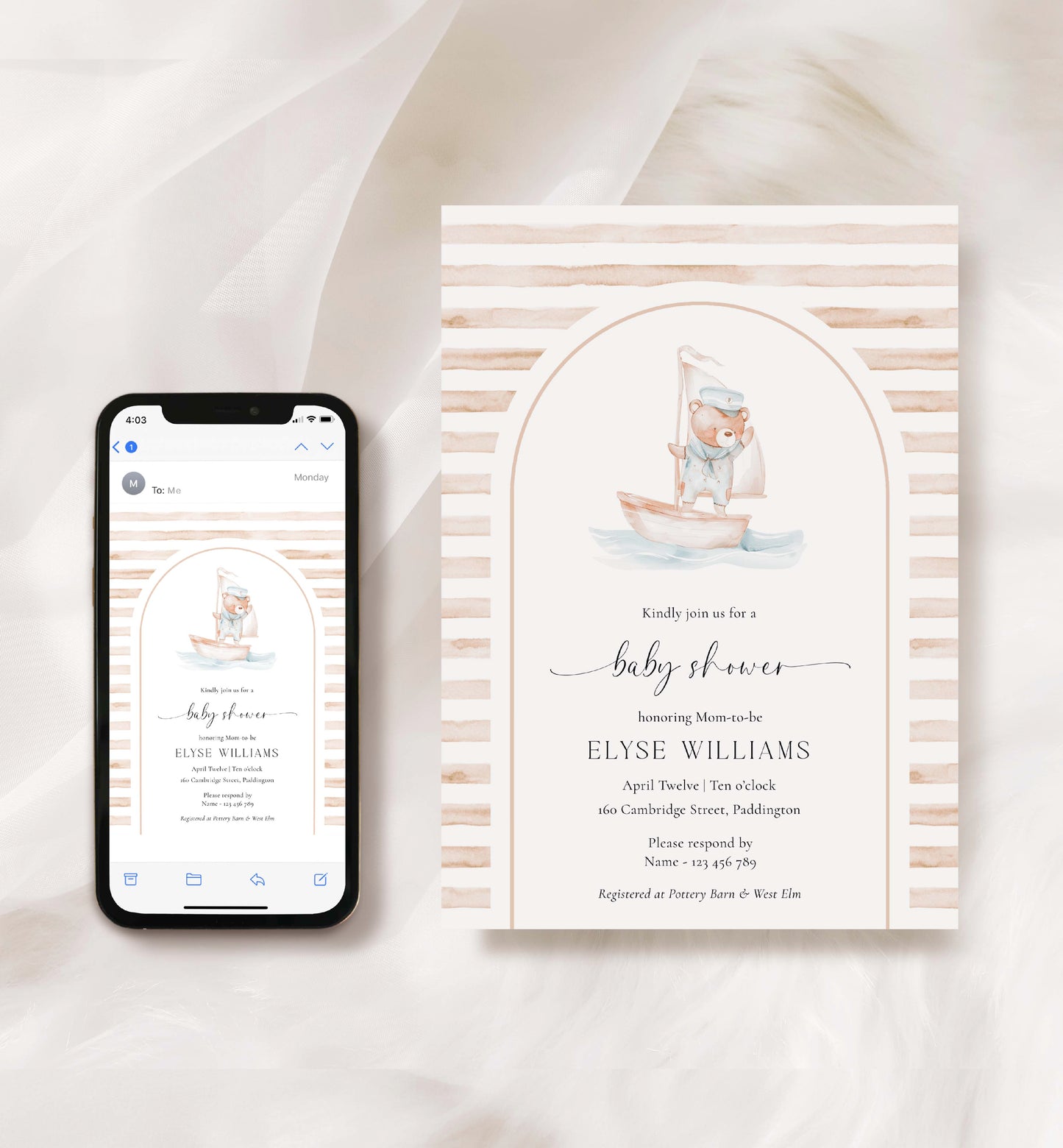 Sailor Bear Arch Tan | Printable Baby Shower Invitation Template