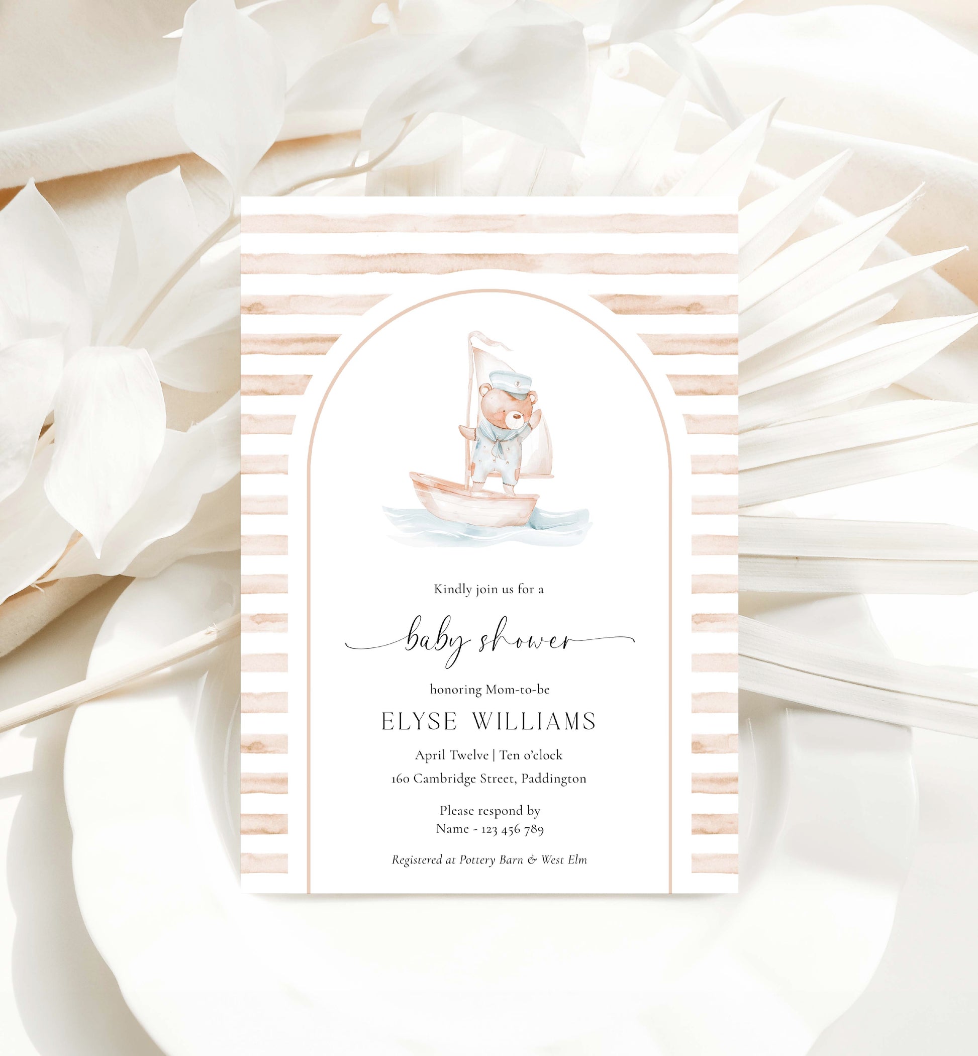 Printable Teddy Bear Baby Shower Invitation Template, Sailor Bear, Beige Tan Stripe Boy Baby Shower Arch Invite, Nautical Baby Shower Evite