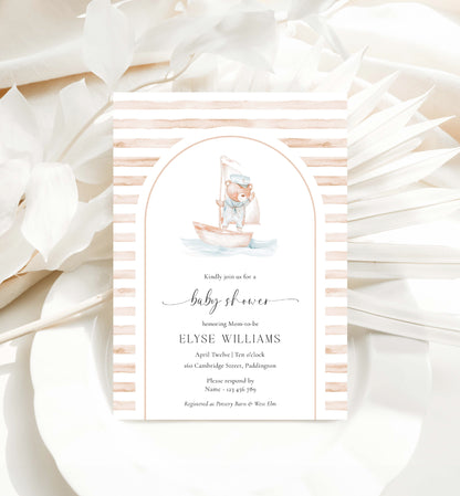 Printable Teddy Bear Baby Shower Invitation Template, Sailor Bear, Beige Tan Stripe Boy Baby Shower Arch Invite, Nautical Baby Shower Evite