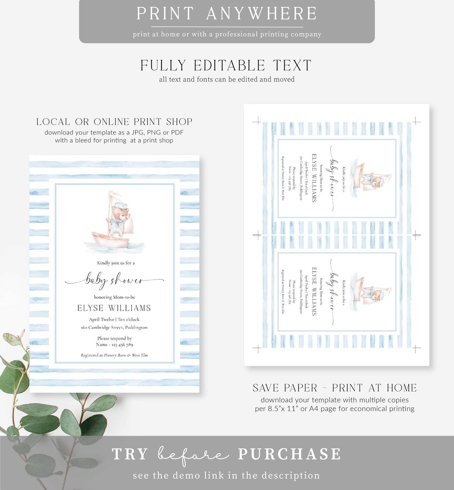 Sailor Bear Boat Blue | Printable Baby Shower Invitation Template