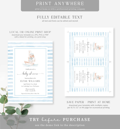 Sailor Bear Boat Blue | Printable Baby Shower Invitation Template