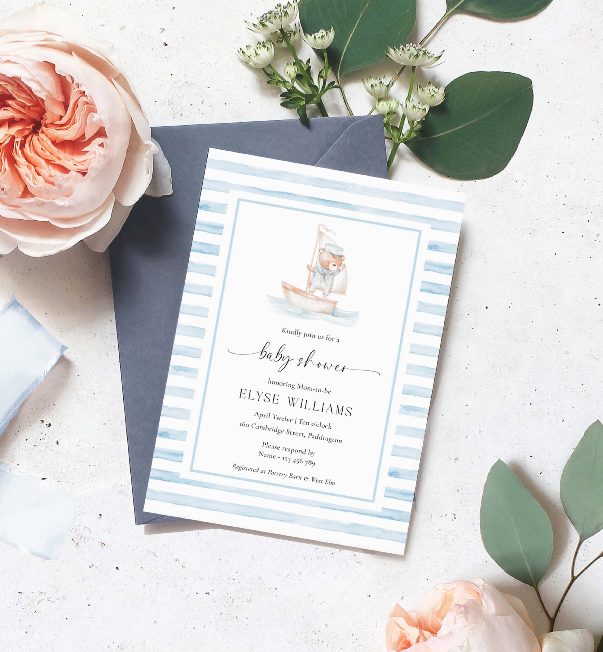 Printable Teddy Bear Baby Shower Invitation Template, Sailor Bear, Blue Stripe Boy Baby Shower Invitation, Nautical Baby Shower Evite, We Can Bearly Wait Teddy Bear Baby Shower