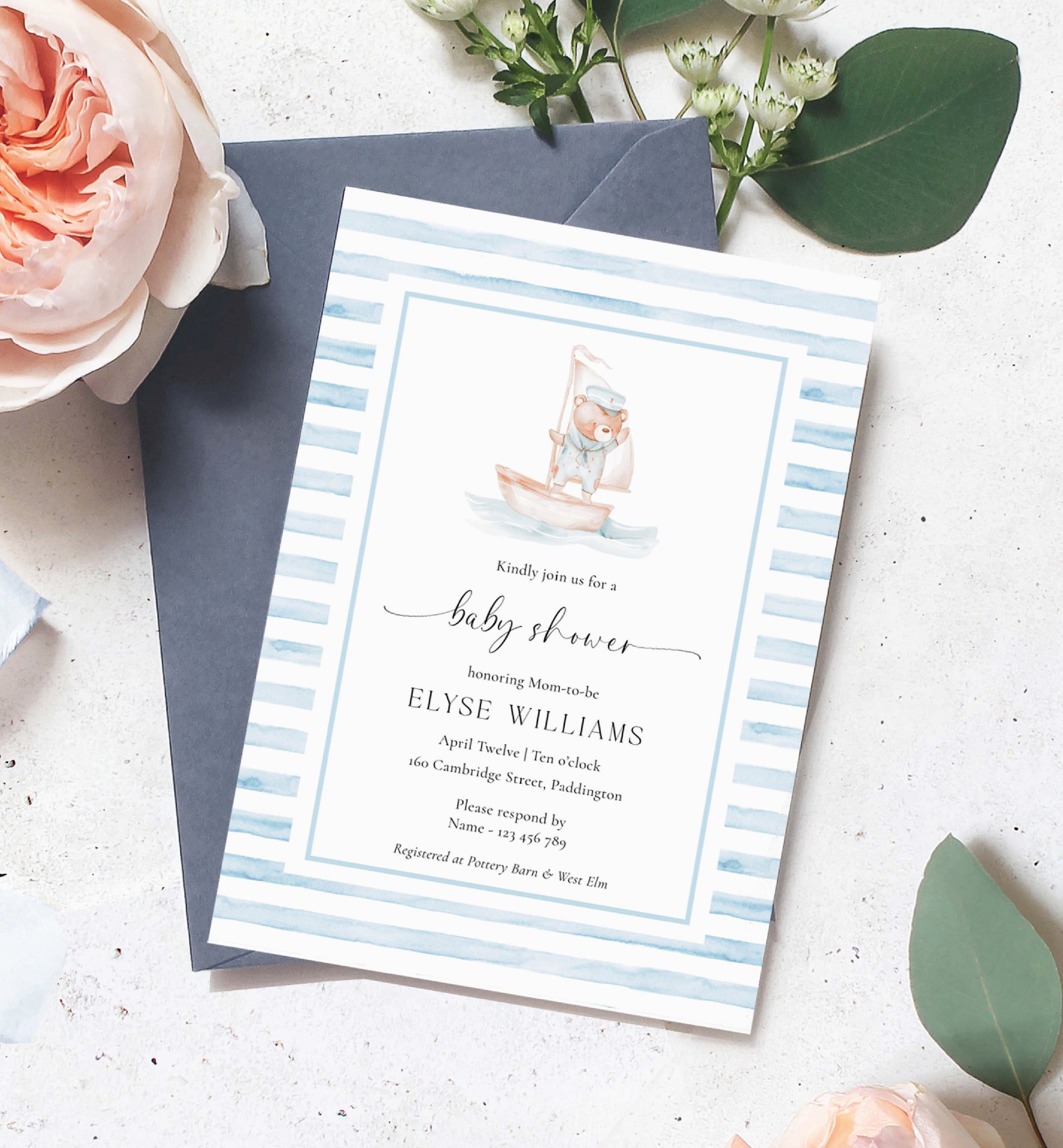 Printable Teddy Bear Baby Shower Invitation Template, Sailor Bear, Blue Stripe Boy Baby Shower Invitation, Nautical Baby Shower Evite, We Can Bearly Wait Teddy Bear Baby Shower