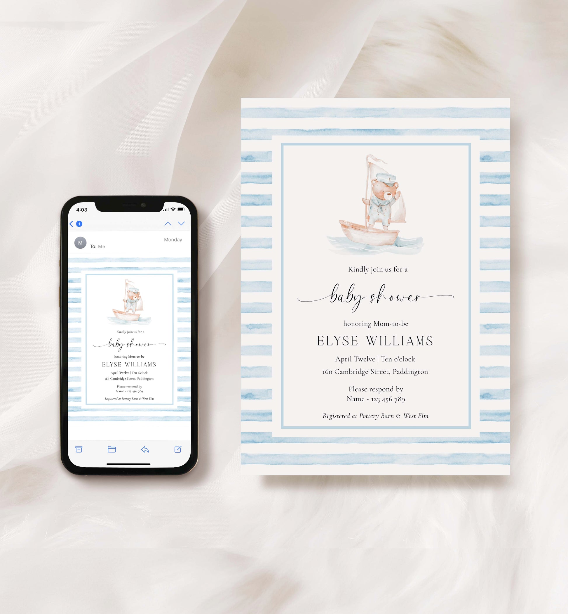 Printable Teddy Bear Baby Shower Invitation Template, Sailor Bear, Blue Stripe Boy Baby Shower Invitation, Nautical Baby Shower Evite, We Can Bearly Wait Teddy Bear Baby Shower