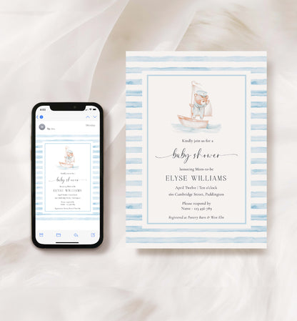 Printable Teddy Bear Baby Shower Invitation Template, Sailor Bear, Blue Stripe Boy Baby Shower Invitation, Nautical Baby Shower Evite, We Can Bearly Wait Teddy Bear Baby Shower