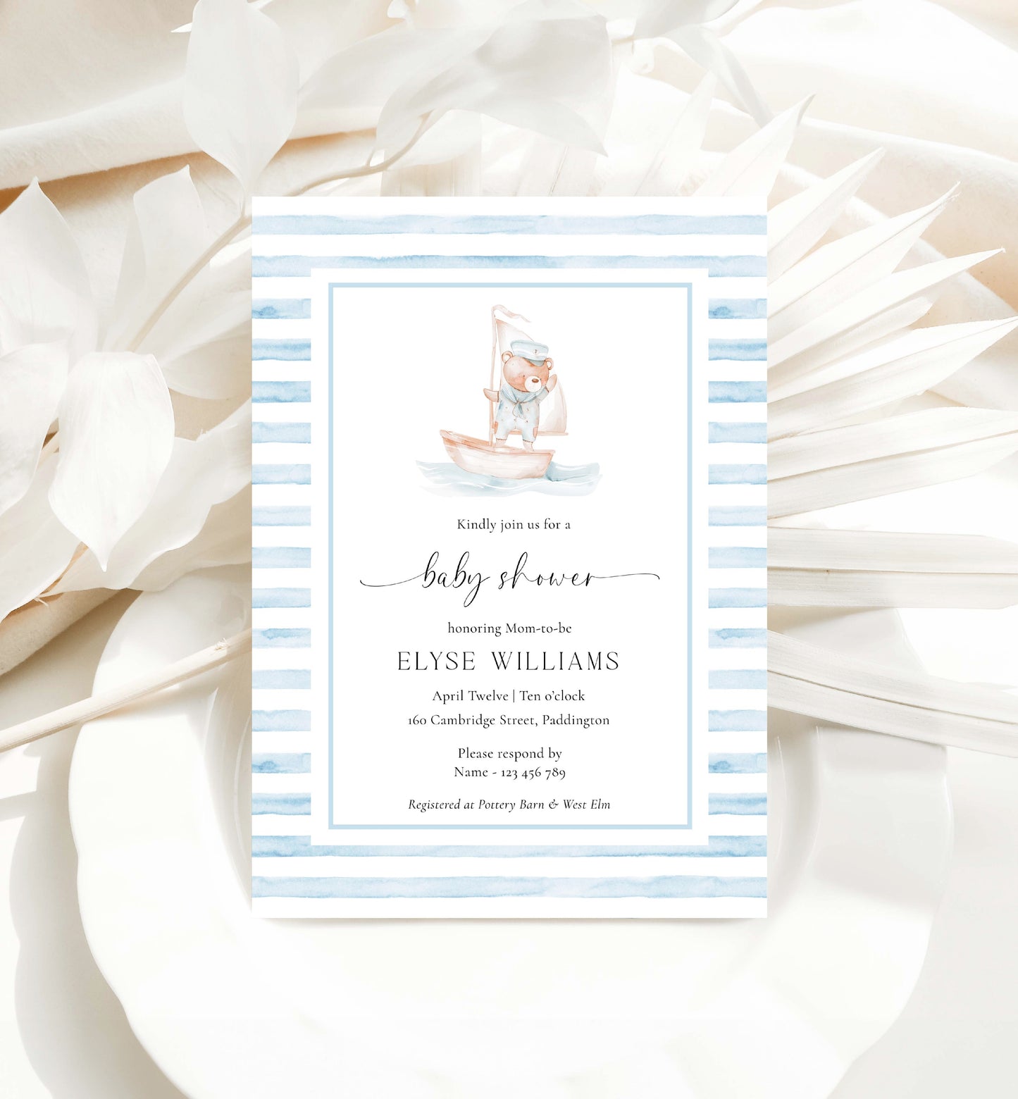 Printable Teddy Bear Baby Shower Invitation Template, Sailor Bear, Blue Stripe Boy Baby Shower Invitation, Nautical Baby Shower Evite, We Can Bearly Wait Teddy Bear Baby Shower