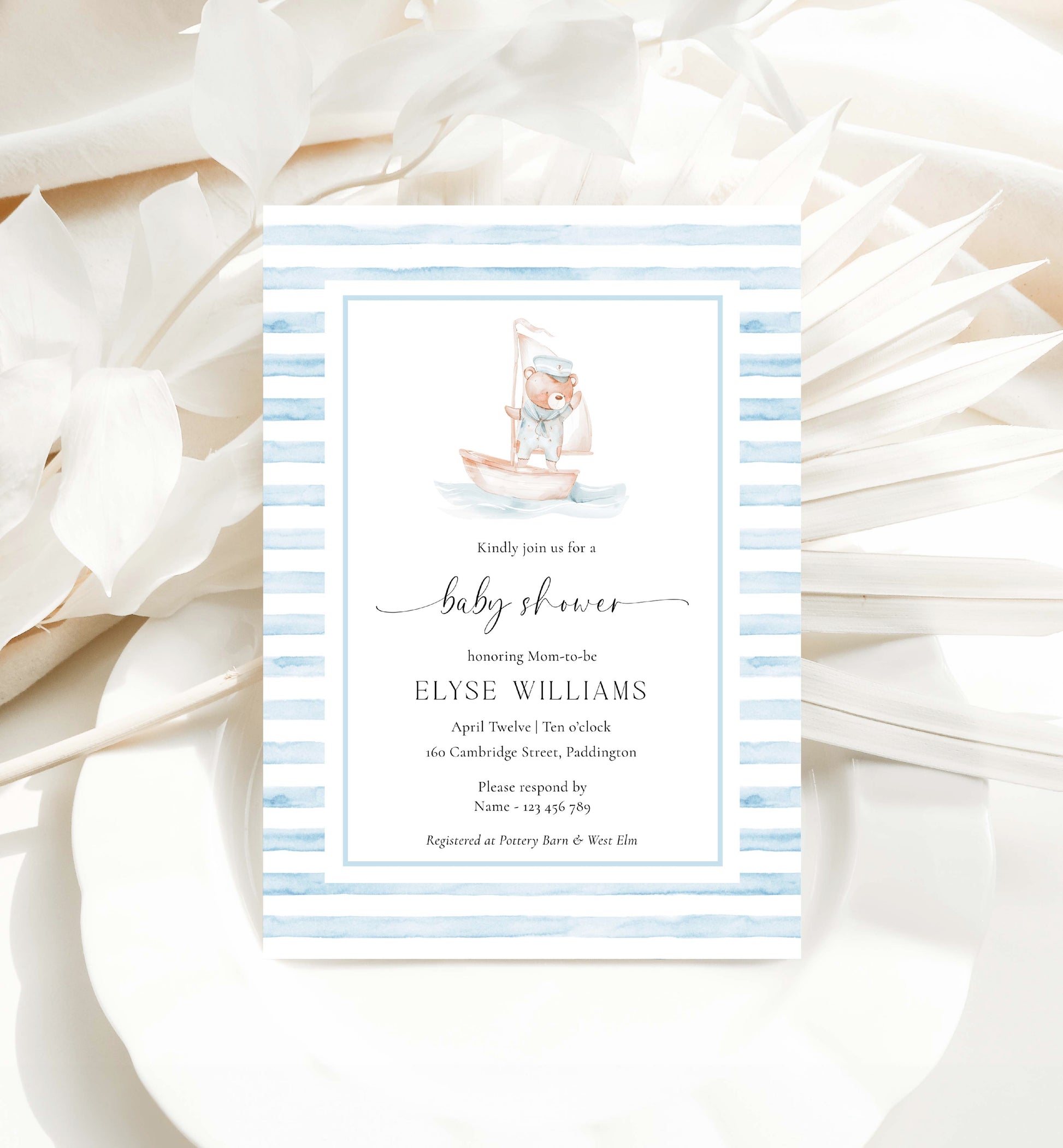 Printable Teddy Bear Baby Shower Invitation Template, Sailor Bear, Blue Stripe Boy Baby Shower Invitation, Nautical Baby Shower Evite, We Can Bearly Wait Teddy Bear Baby Shower