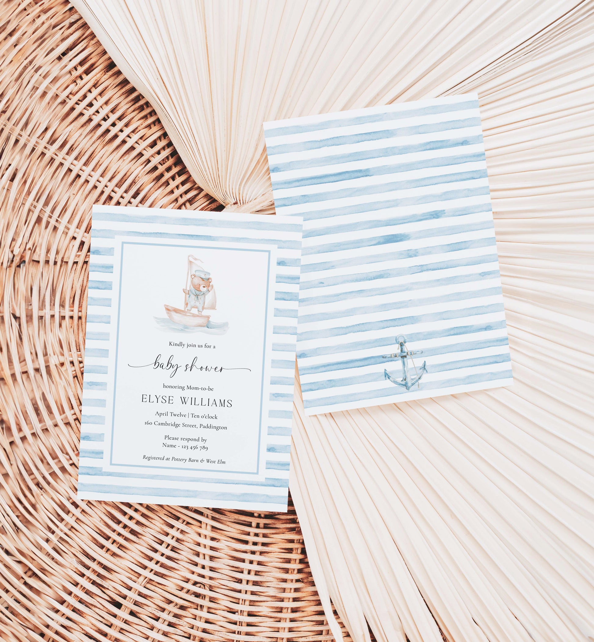 Printable Teddy Bear Baby Shower Invitation Template, Sailor Bear, Blue Stripe Boy Baby Shower Invitation, Nautical Baby Shower Evite, We Can Bearly Wait Teddy Bear Baby Shower