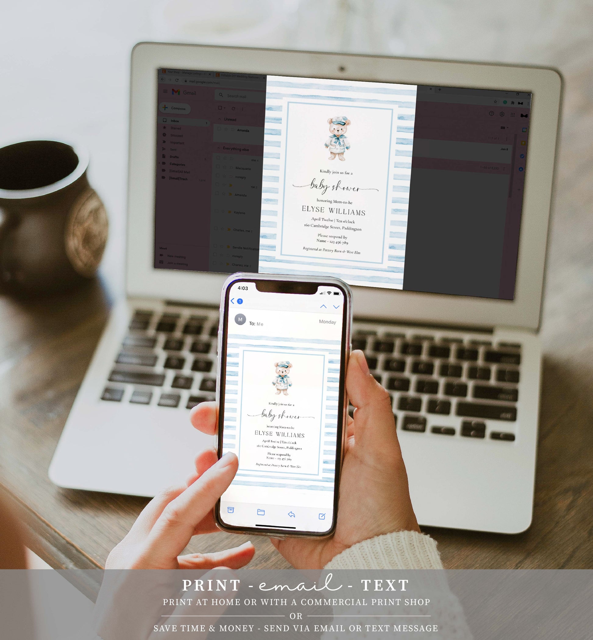 Printable Teddy Bear Baby Shower Invitation Template, Sailor Bear, Blue Stripe Boy Baby Shower Invitation, Nautical Baby Shower Evite, We Can Bearly Wait Teddy Bear Baby Shower