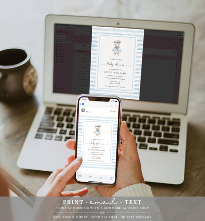 Printable Teddy Bear Baby Shower Invitation Template, Sailor Bear, Blue Stripe Boy Baby Shower Invitation, Nautical Baby Shower Evite, We Can Bearly Wait Teddy Bear Baby Shower