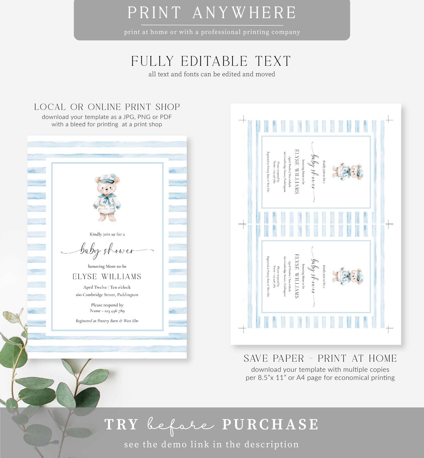 Sailor Bear Blue | Printable Baby Shower Invitation Template