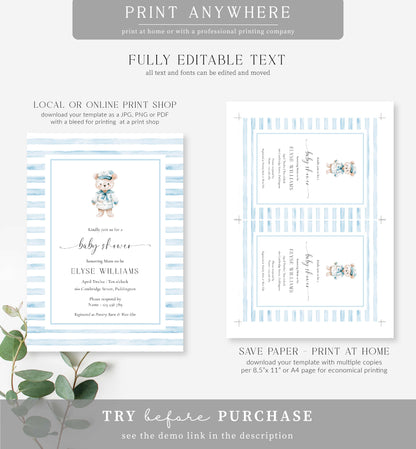 Sailor Bear Blue | Printable Baby Shower Invitation Template