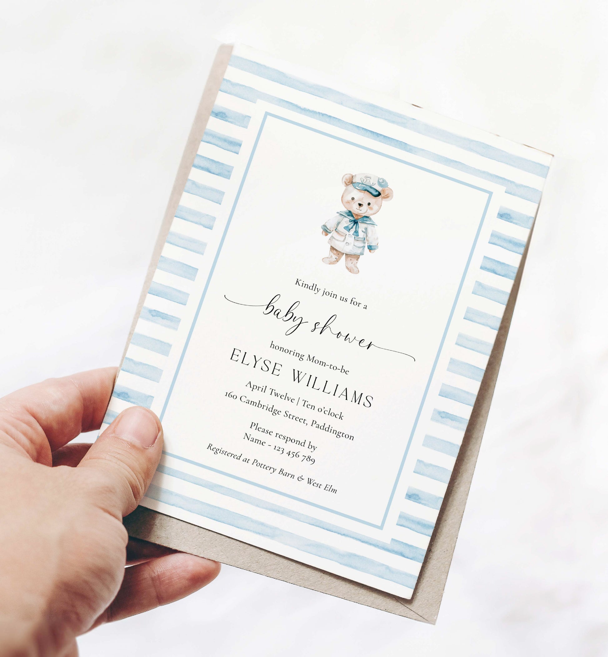 Printable Teddy Bear Baby Shower Invitation Template, Sailor Bear, Blue Stripe Boy Baby Shower Invitation, Nautical Baby Shower Evite, We Can Bearly Wait Teddy Bear Baby Shower