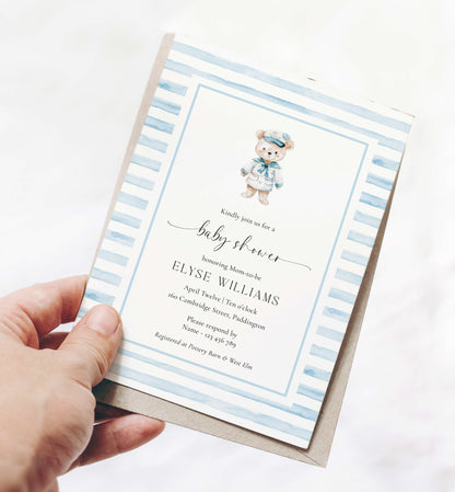 Printable Teddy Bear Baby Shower Invitation Template, Sailor Bear, Blue Stripe Boy Baby Shower Invitation, Nautical Baby Shower Evite, We Can Bearly Wait Teddy Bear Baby Shower