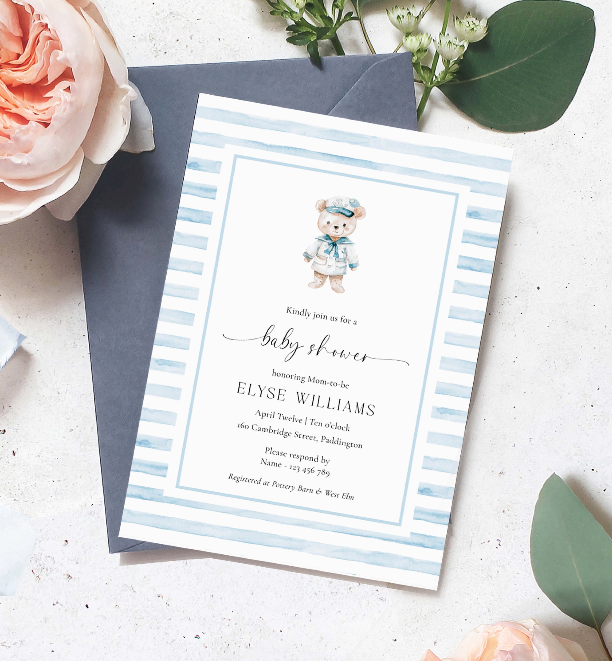 Printable Teddy Bear Baby Shower Invitation Template, Sailor Bear, Blue Stripe Boy Baby Shower Invitation, Nautical Baby Shower Evite, We Can Bearly Wait Teddy Bear Baby Shower