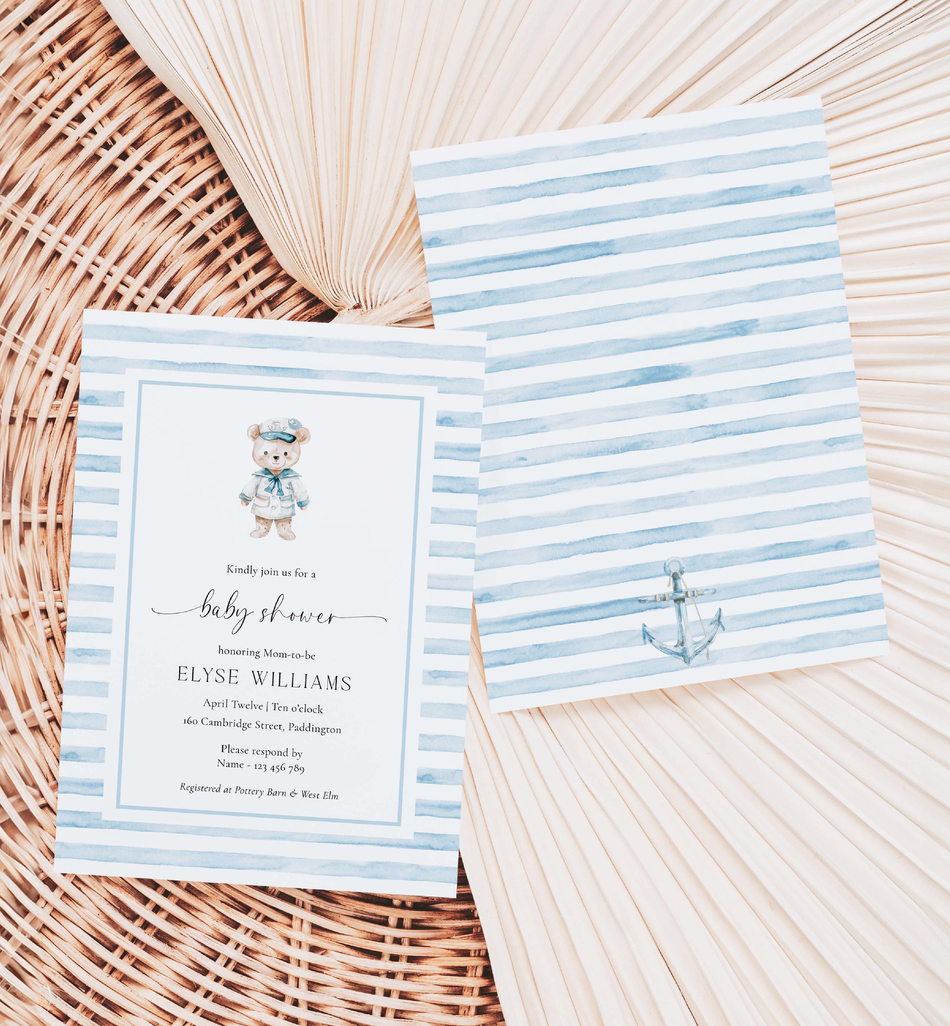 Printable Teddy Bear Baby Shower Invitation Template, Sailor Bear, Blue Stripe Boy Baby Shower Invitation, Nautical Baby Shower Evite, We Can Bearly Wait Teddy Bear Baby Shower