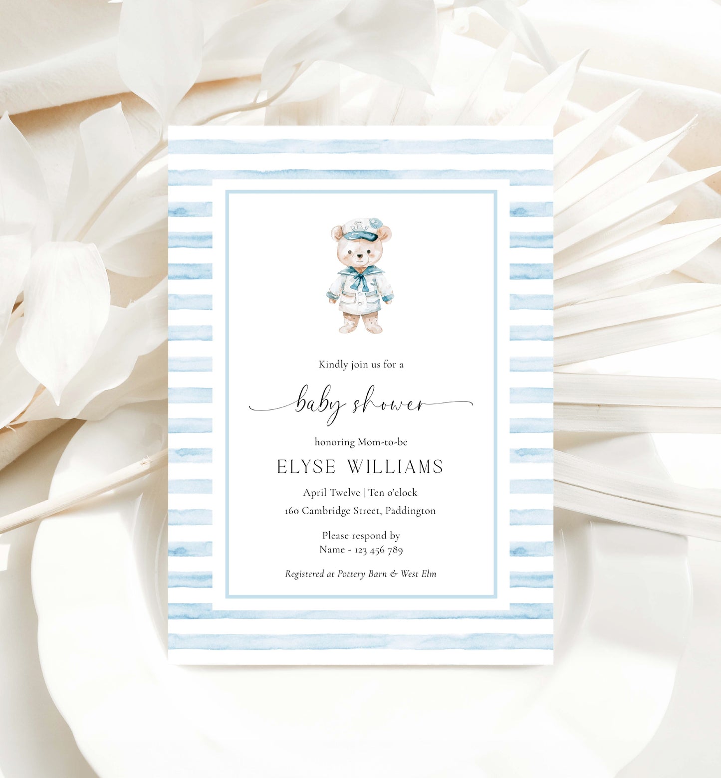 Printable Teddy Bear Baby Shower Invitation Template, Sailor Bear, Blue Stripe Boy Baby Shower Invitation, Nautical Baby Shower Evite, We Can Bearly Wait Teddy Bear Baby Shower
