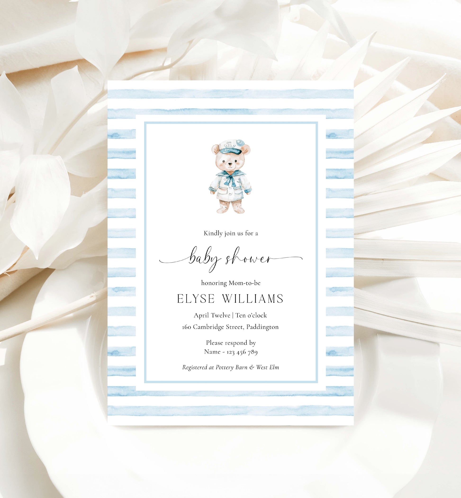 Printable Teddy Bear Baby Shower Invitation Template, Sailor Bear, Blue Stripe Boy Baby Shower Invitation, Nautical Baby Shower Evite, We Can Bearly Wait Teddy Bear Baby Shower