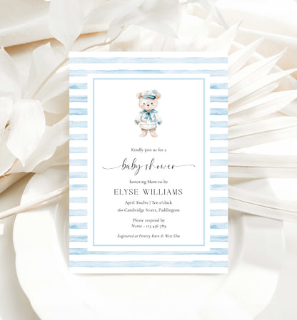 Printable Teddy Bear Baby Shower Invitation Template, Sailor Bear, Blue Stripe Boy Baby Shower Invitation, Nautical Baby Shower Evite, We Can Bearly Wait Teddy Bear Baby Shower
