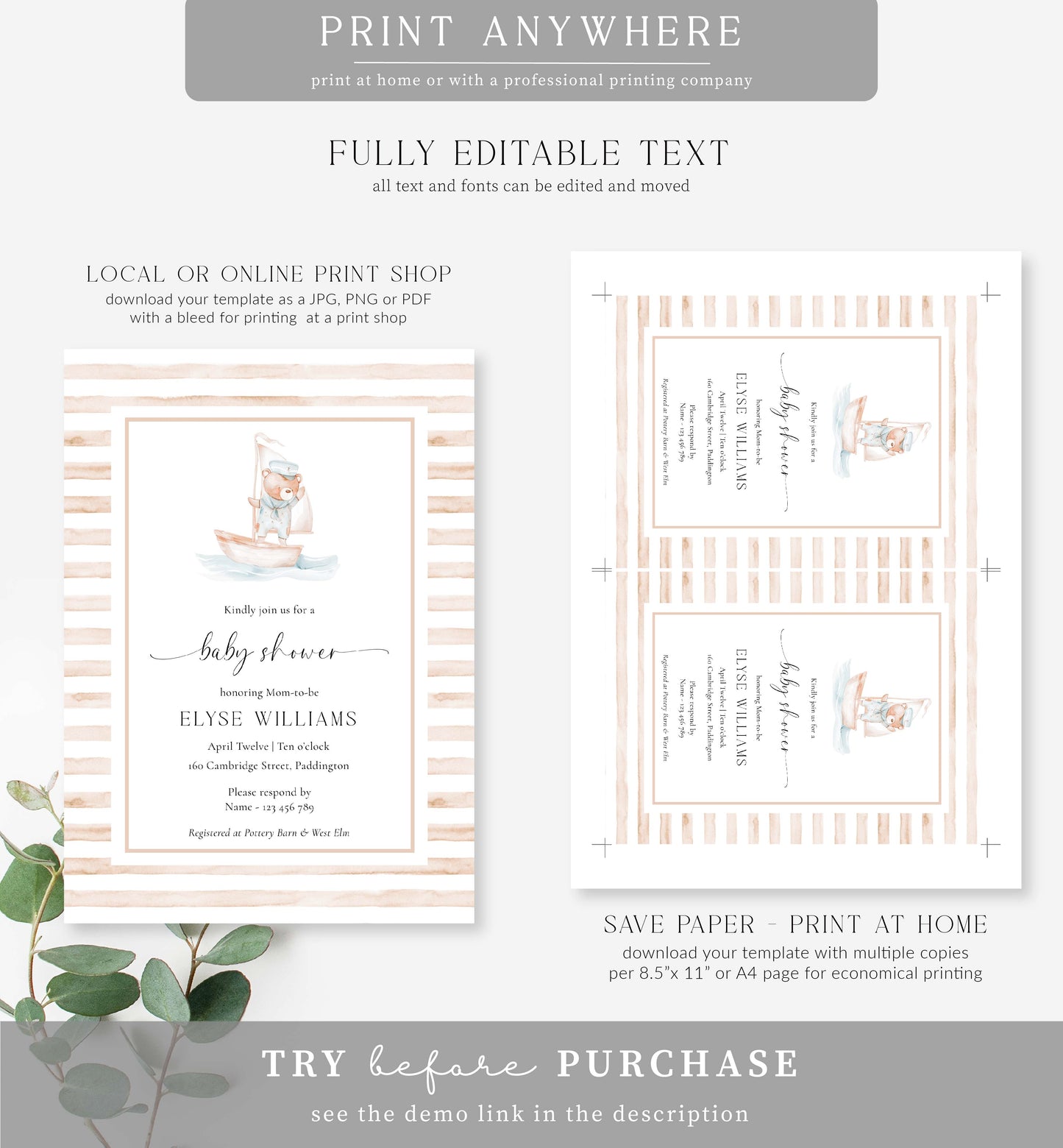 Sailor Bear Boat Tan | Printable Baby Shower Invitation Suite Template