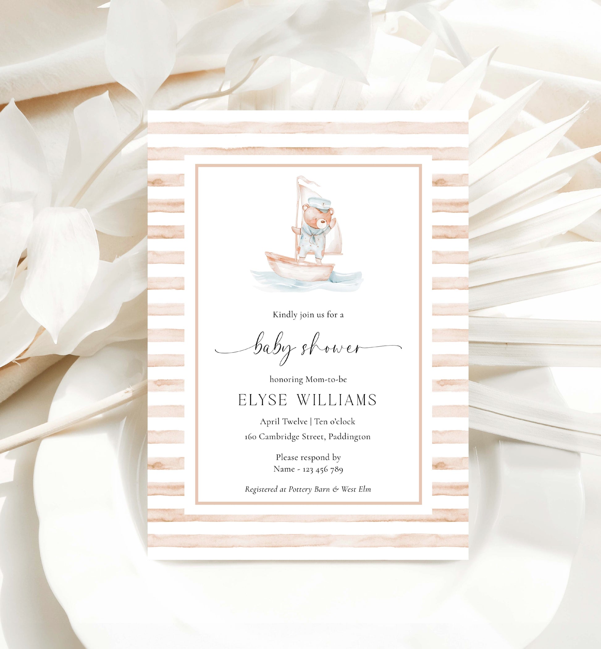 Sailor Bear Baby Shower Printable Invitation Suite, Books for Baby Card, Diaper Raffle Ticket, Beige Tan Nautical Boy Baby Shower Evite