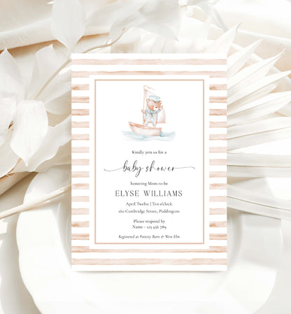 Sailor Bear Baby Shower Printable Invitation Suite, Books for Baby Card, Diaper Raffle Ticket, Beige Tan Nautical Boy Baby Shower Evite