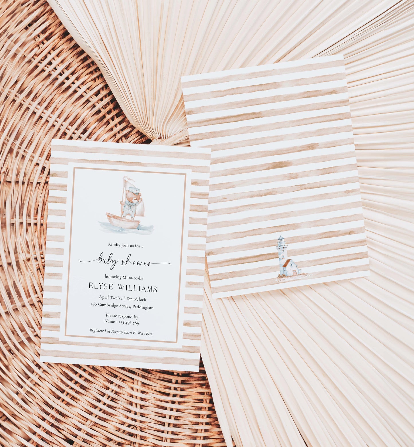Sailor Bear Baby Shower Printable Invitation Suite, Books for Baby Card, Diaper Raffle Ticket, Beige Tan Nautical Boy Baby Shower Evite