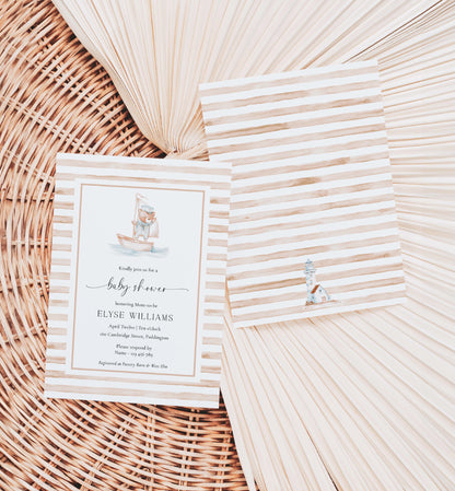 Sailor Bear Baby Shower Printable Invitation Suite, Books for Baby Card, Diaper Raffle Ticket, Beige Tan Nautical Boy Baby Shower Evite
