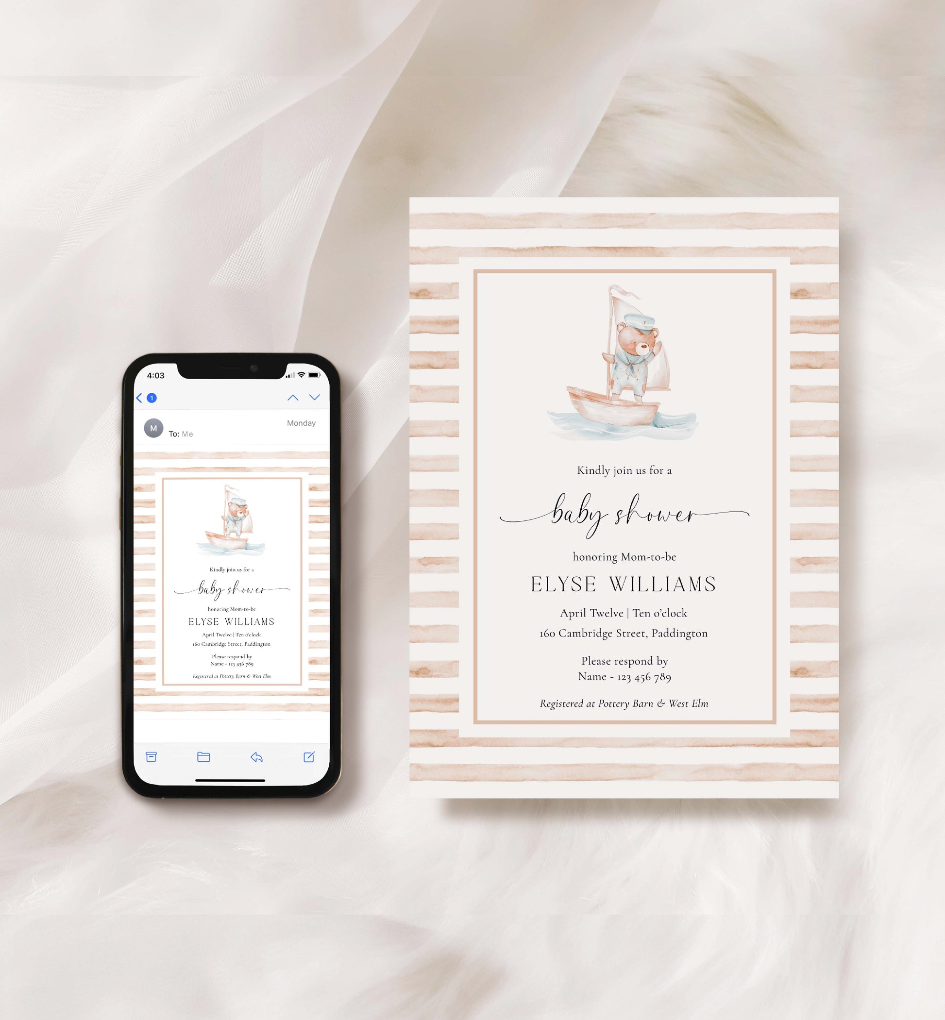 Sailor Bear Baby Shower Printable Invitation Suite, Books for Baby Card, Diaper Raffle Ticket, Beige Tan Nautical Boy Baby Shower Evite