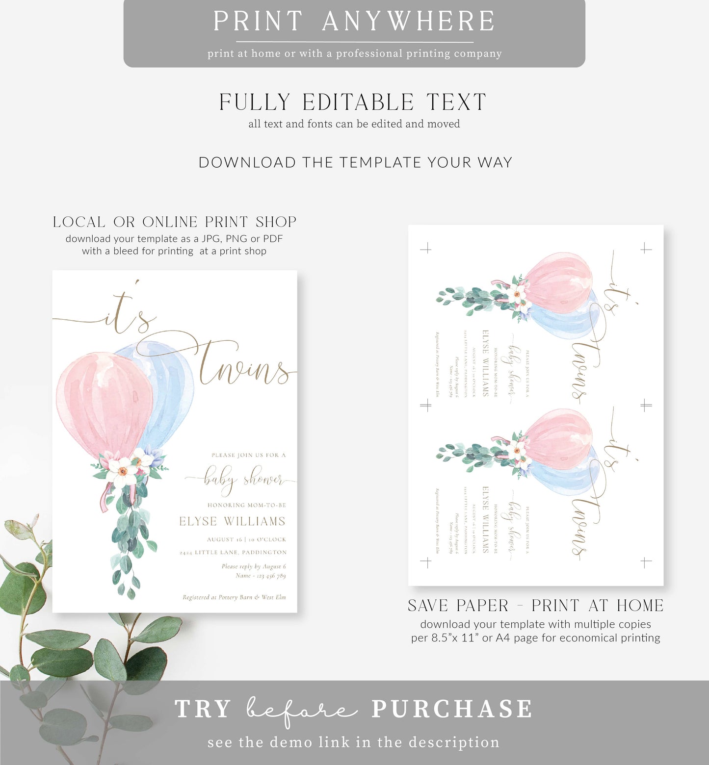 Darlington Pink Blue | Printable Twins Baby Shower Invitation Suite Template