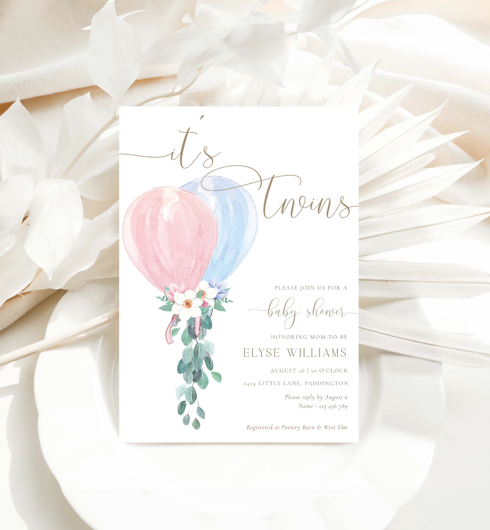 Darlington Pink Blue | Printable Twins Baby Shower Invitation Template – Black Bow Studio