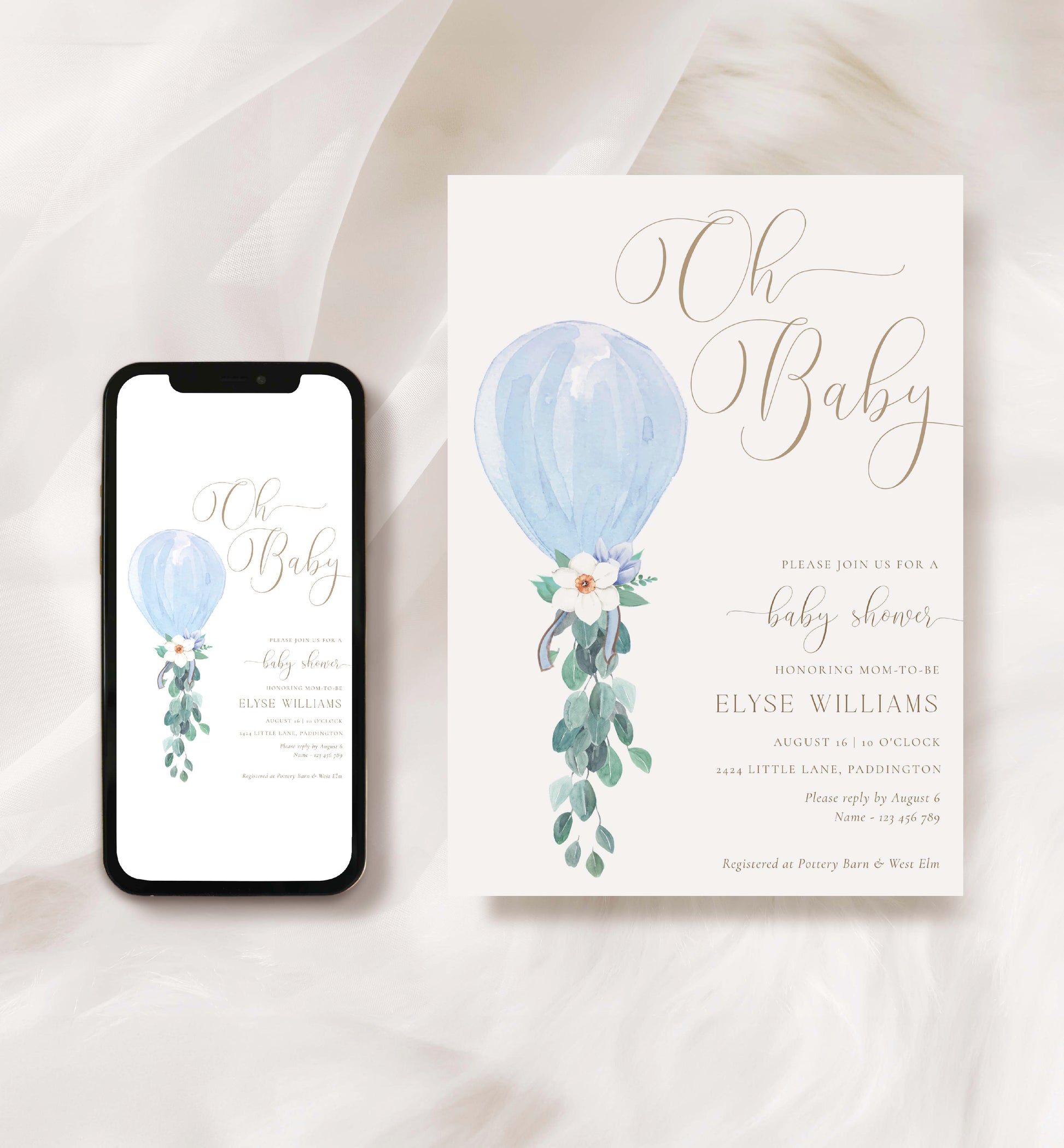 Boy Baby Balloon Baby Shower Invitations Darlington Blue Printable
