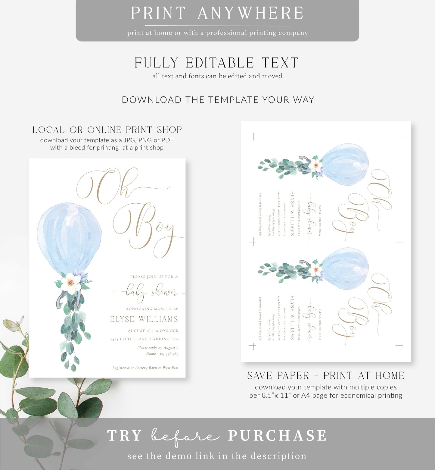 Darlington Blue | Printable Oh Boy Baby Shower Invitation Suite Template