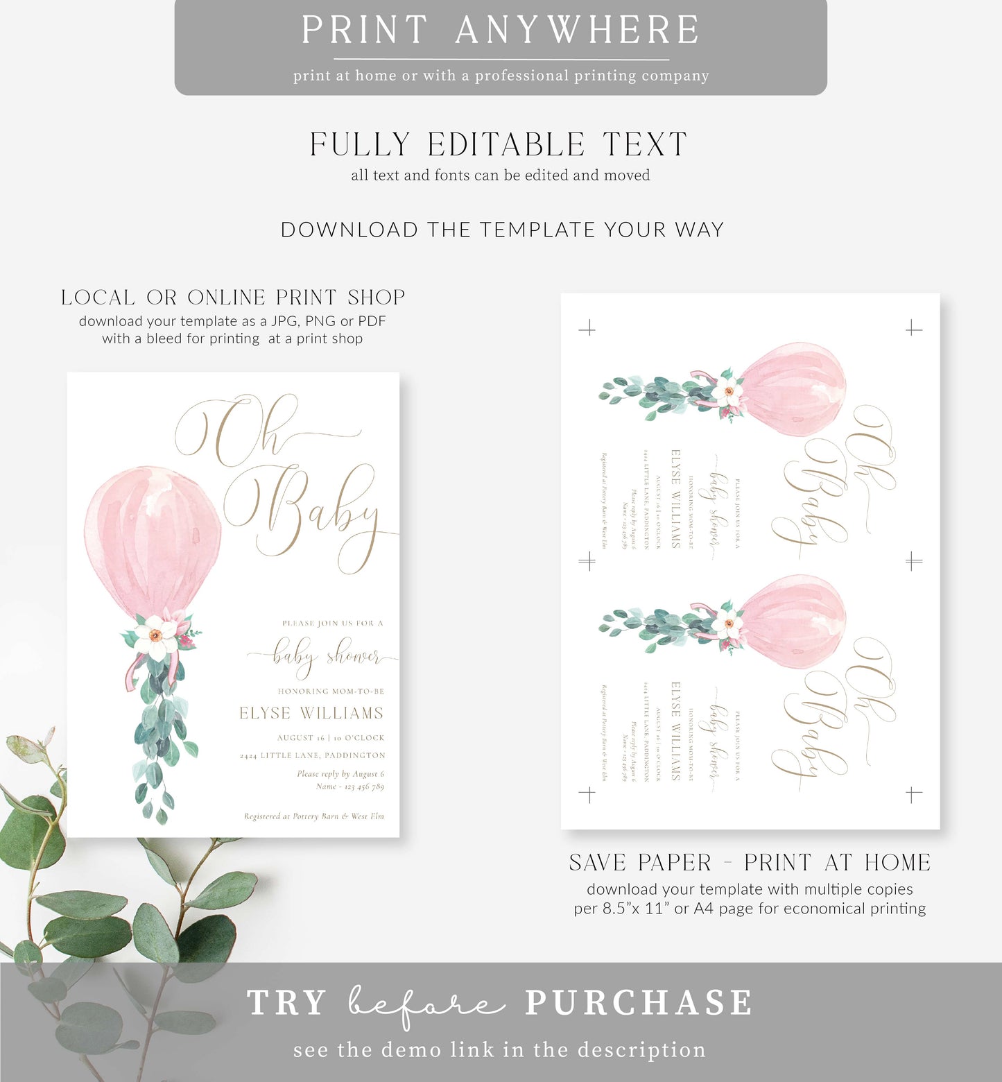 Darlington Pink | Printable Oh Baby Shower Invitation Suite Template