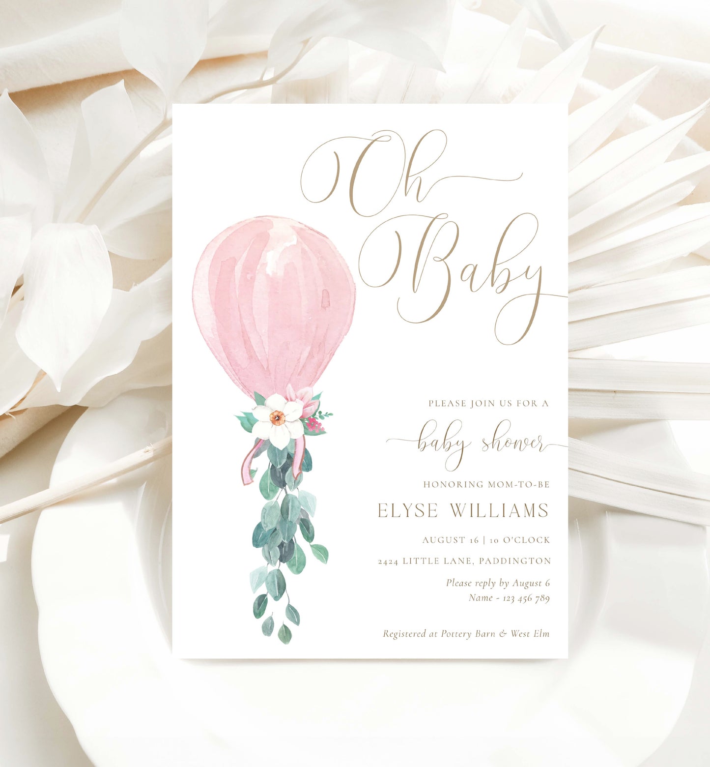 Oh Baby Baby Shower Invitation Template, Printable Pink Balloon Baby Shower Invite, Editable Girl Baby Baby Shower Invite, Darlington