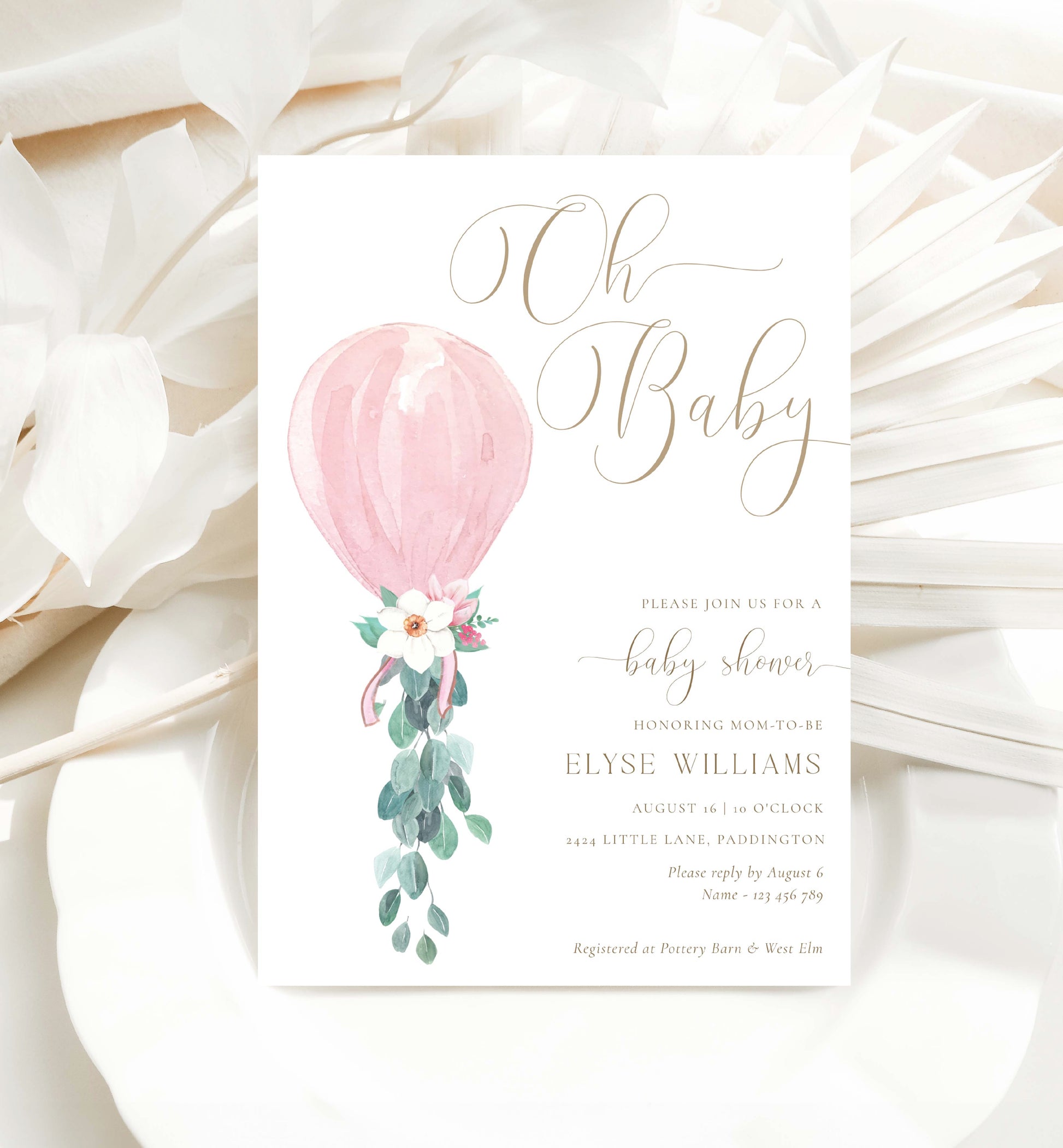 Oh Baby Baby Shower Invitation, Book Request, Raffle Ticket, Printable Pink Balloon Baby Shower Invite, Girl Baby Shower Invite, Darlington